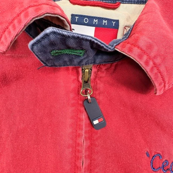 Tommy Hilfiger Red Canvas Zip Jacket Mens S Flag Logo Custom Embroidery - Picture 7 of 13